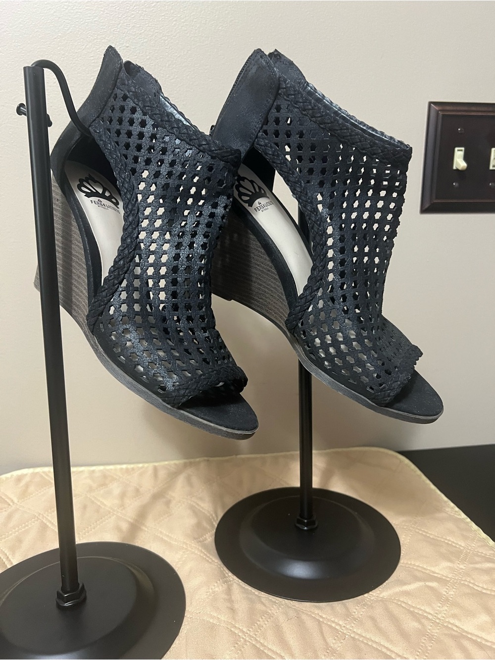 Perforated Black Peep-Toe Wedge Booties - Unbranded
